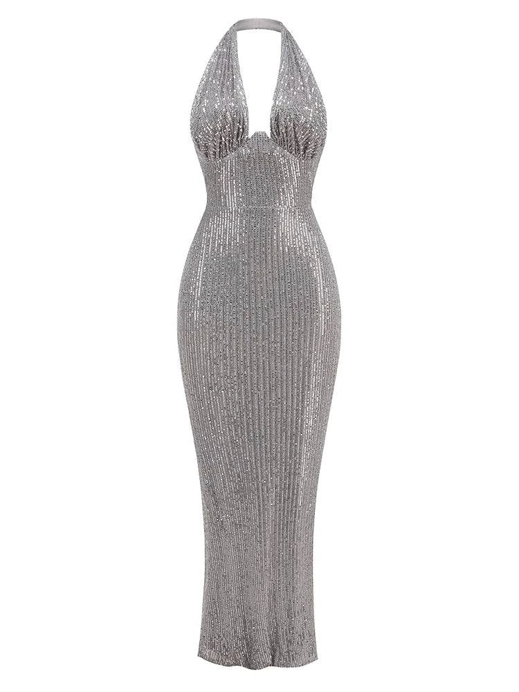 Sexy Halter Deep V Neck Sequins Maxi Dress Women Green Sleeveless Backless Sequined Slim Long Dresses Celebrity Party Gowns - Clothing Personality