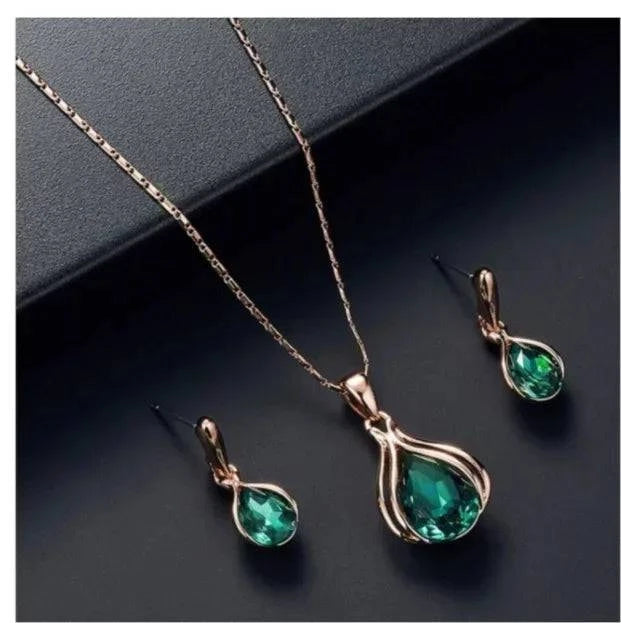 Delysia King 3pcs/set fashion women's blue and green drop necklace earrings set - Clothing Personality