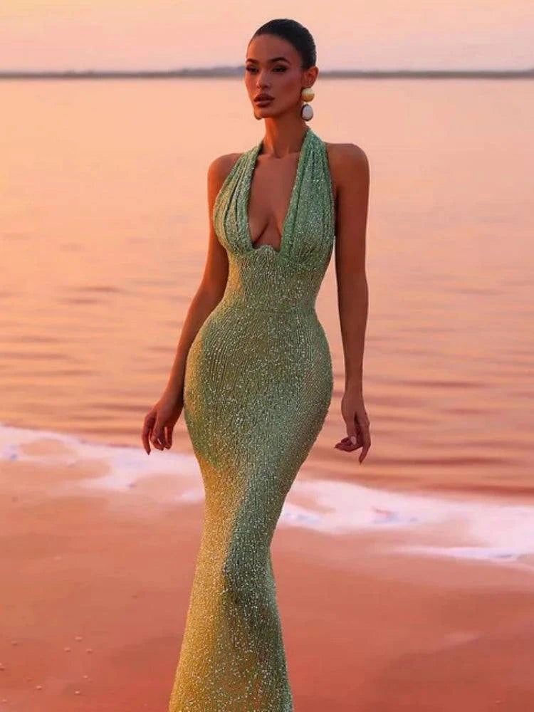 Sexy Halter Deep V Neck Sequins Maxi Dress Women Green Sleeveless Backless Sequined Slim Long Dresses Celebrity Party Gowns - Clothing Personality