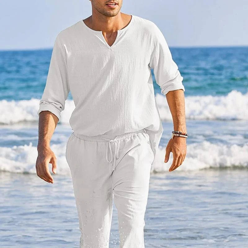 Men's Spring Summer Clothes Solid Color Long Sleeve Henley Shirt Elastic Waist Drawstring Pants 2 Pieces Loungewear Set Close Up