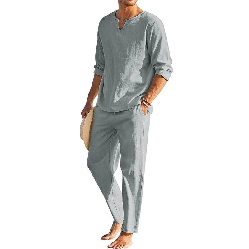 Men's Spring Summer Clothes Solid Color Long Sleeve Henley Shirt Elastic Waist Drawstring Pants 2 Pieces Loungewear Set Blue Gray Front