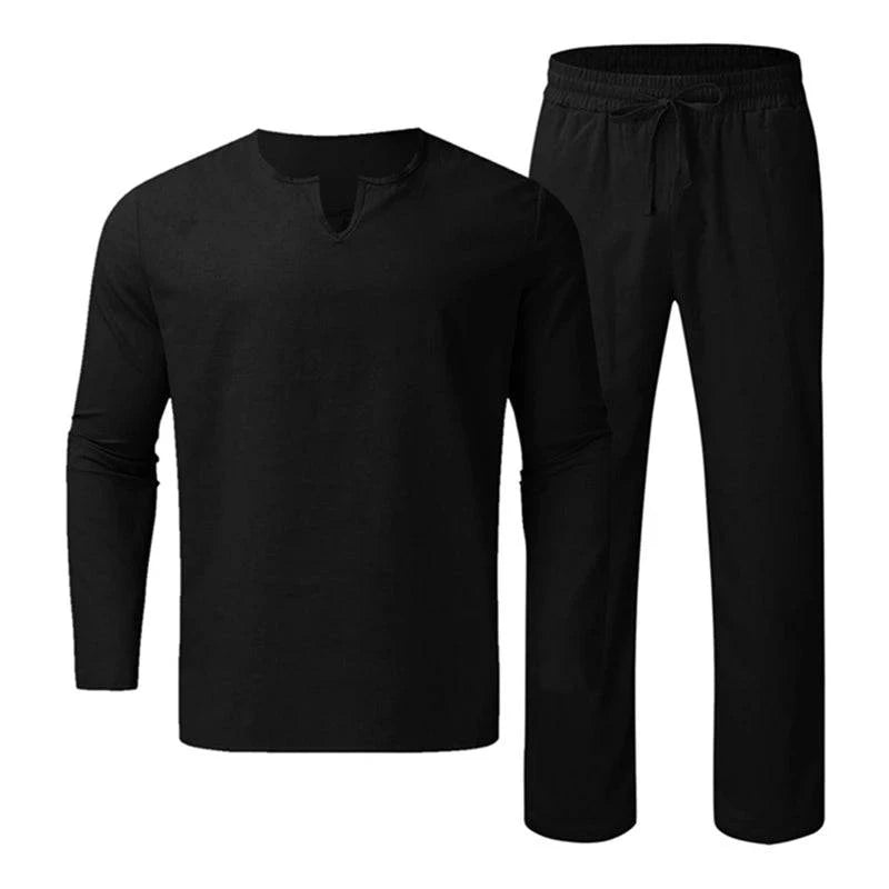 Men's Spring Summer Clothes Solid Color Long Sleeve Henley Shirt Elastic Waist Drawstring Pants 2 Pieces Loungewear Set Black