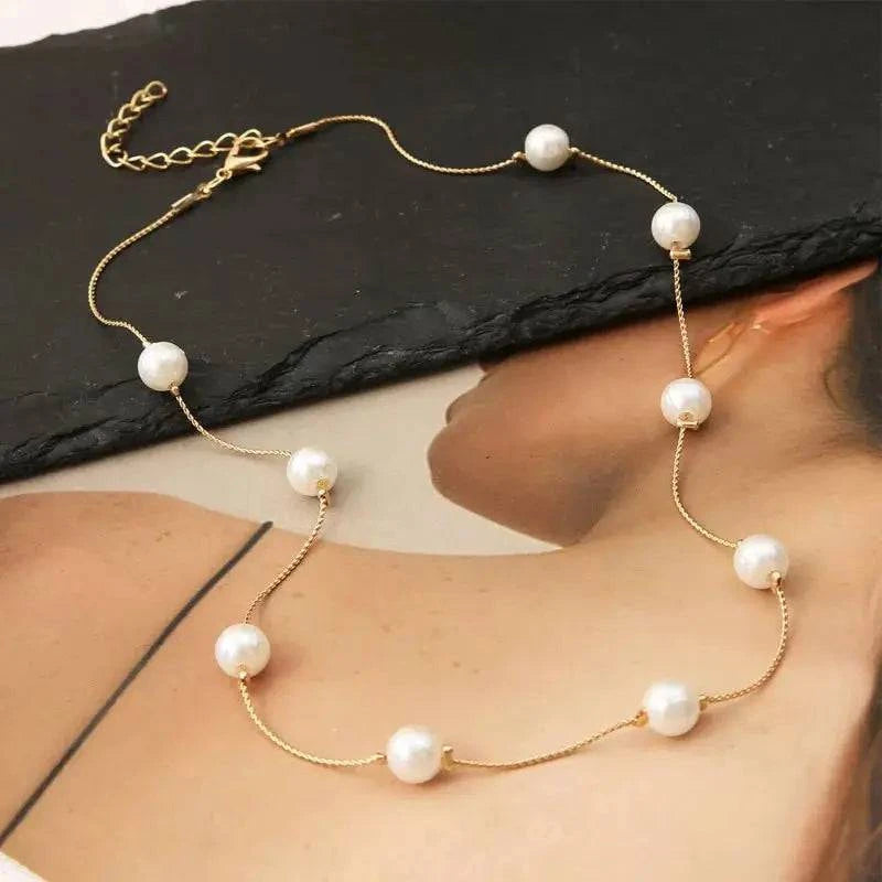 New Beads Women's Neck Chain Kpop Pearl Choker Necklace Gold Color Goth Chocker Jewelry On The Neck Pendant 2024 Collar For Girl - Clothing Personality