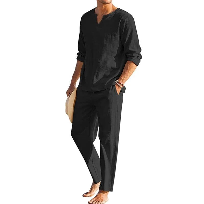 Men's Spring Summer Clothes Solid Color Long Sleeve Henley Shirt Elastic Waist Drawstring Pants 2 Pieces Loungewear Set Black