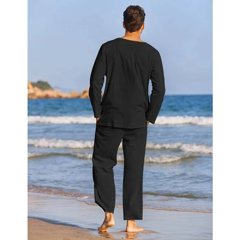 Men's Spring Summer Clothes Solid Color Long Sleeve Henley Shirt Elastic Waist Drawstring Pants 2 Pieces Loungewear Set Black
