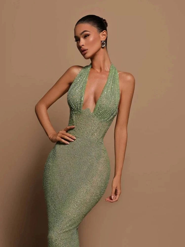 Sexy Halter Deep V Neck Sequins Maxi Dress Women Green Sleeveless Backless Sequined Slim Long Dresses Celebrity Party Gowns - Clothing Personality