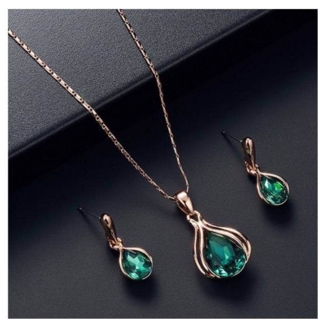 Delysia King 3pcs/set fashion women's blue and green drop necklace earrings set - Clothing Personality