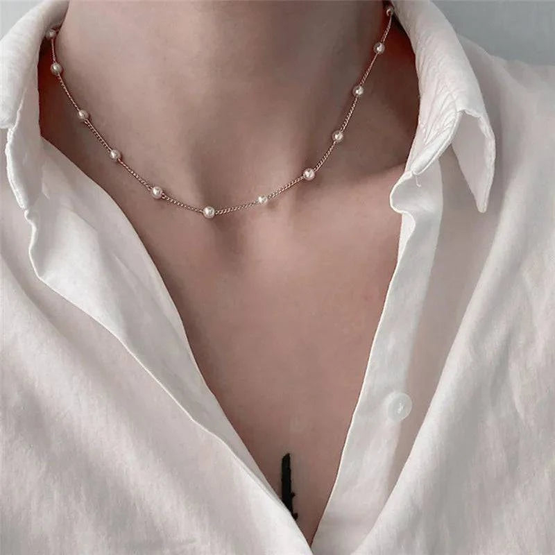 New Beads Women's Neck Chain Kpop Pearl Choker Necklace Gold Color Goth Chocker Jewelry On The Neck Pendant 2024 Collar For Girl - Clothing Personality