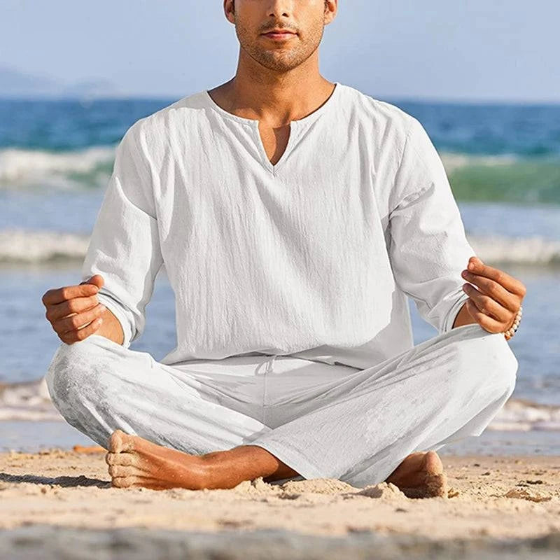 Men's Spring Summer Clothes Solid Color Long Sleeve Henley Shirt Elastic Waist Drawstring Pants 2 Pieces Loungewear Set Model