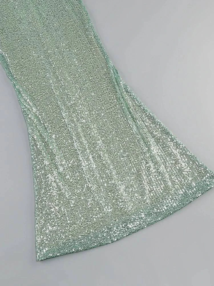 Sexy Halter Deep V Neck Sequins Maxi Dress Women Green Sleeveless Backless Sequined Slim Long Dresses Celebrity Party Gowns - Clothing Personality