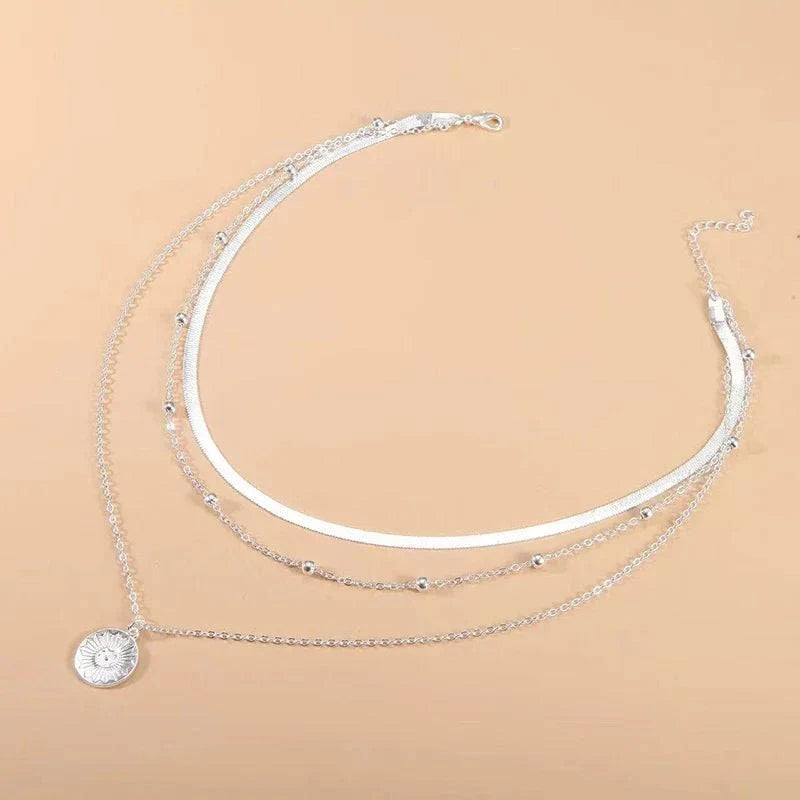 925 Sterling Silver Three-Layer Round Necklace Simple Snake Chain Charm Ball Chain Party Wedding Gift Women's Exquisite Jewelry - Clothing Personality