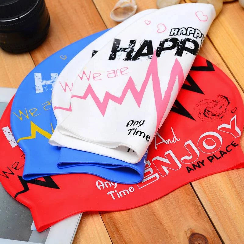 1Pcs New fashionable adult unisex silicone swim cap in one size fits all soft and comfortable ear protection with graffiti print - Clothing Personality