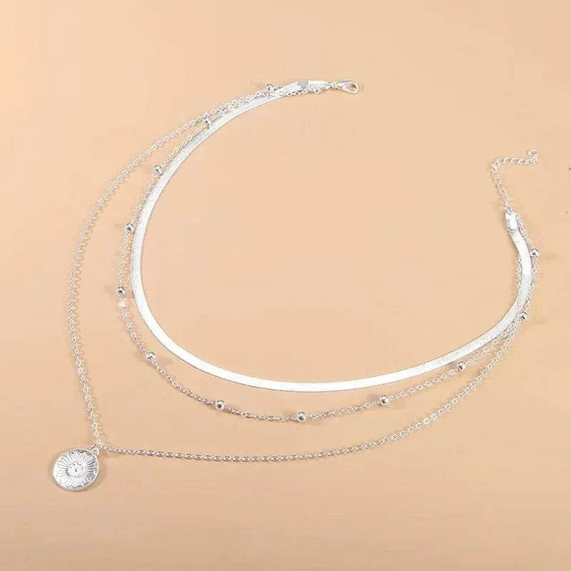 925 Sterling Silver Three-Layer Round Necklace Simple Snake Chain Charm Ball Chain Party Wedding Gift Women's Exquisite Jewelry - Clothing Personality