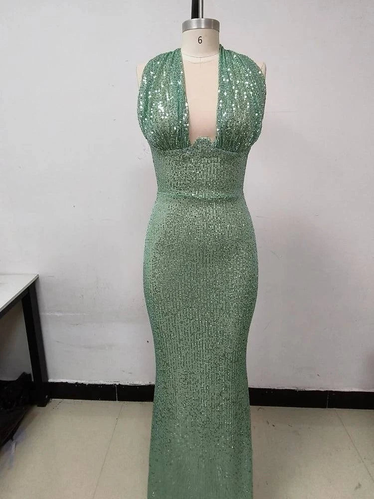 Sexy Halter Deep V Neck Sequins Maxi Dress Women Green Sleeveless Backless Sequined Slim Long Dresses Celebrity Party Gowns - Clothing Personality