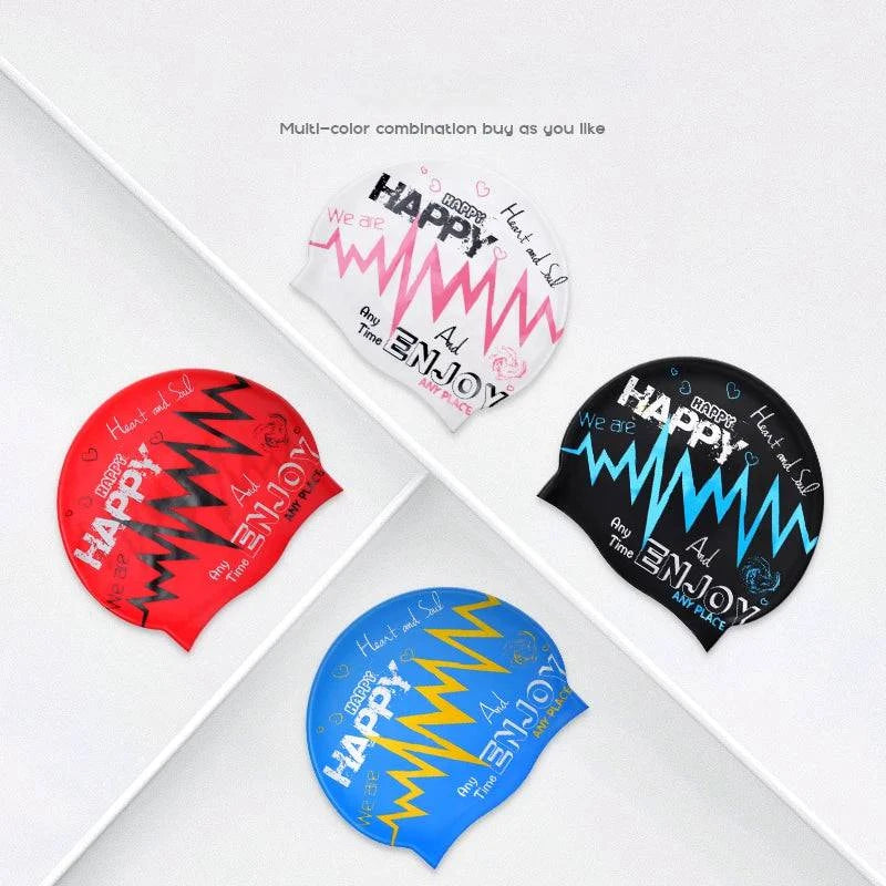 1Pcs New fashionable adult unisex silicone swim cap in one size fits all soft and comfortable ear protection with graffiti print - Clothing Personality