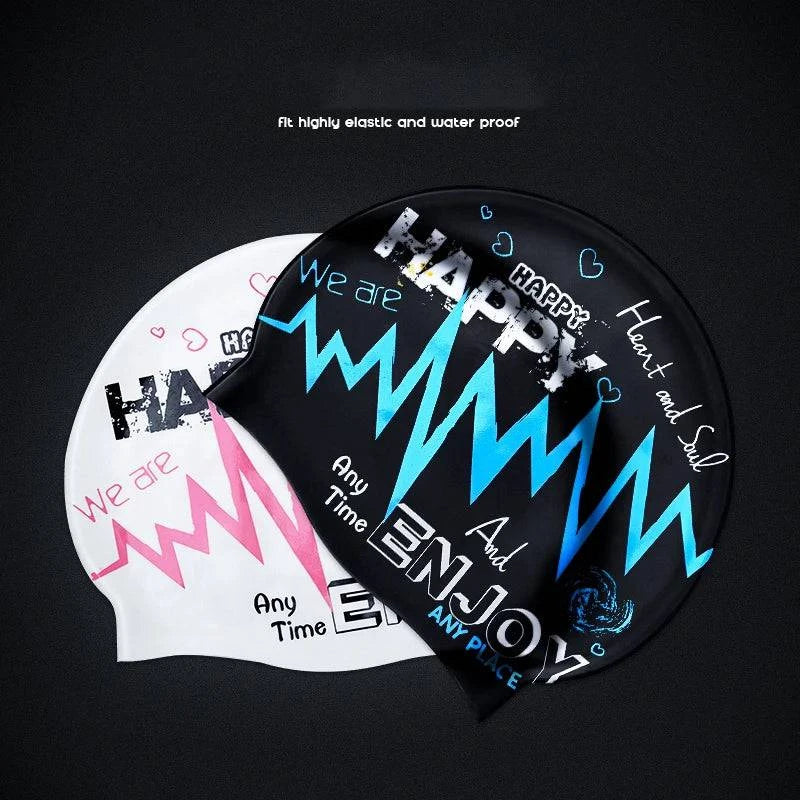 1Pcs New fashionable adult unisex silicone swim cap in one size fits all soft and comfortable ear protection with graffiti print - Clothing Personality