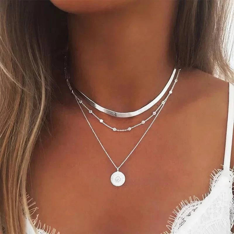 925 Sterling Silver Three-Layer Round Necklace Simple Snake Chain Charm Ball Chain Party Wedding Gift Women's Exquisite Jewelry - Clothing Personality