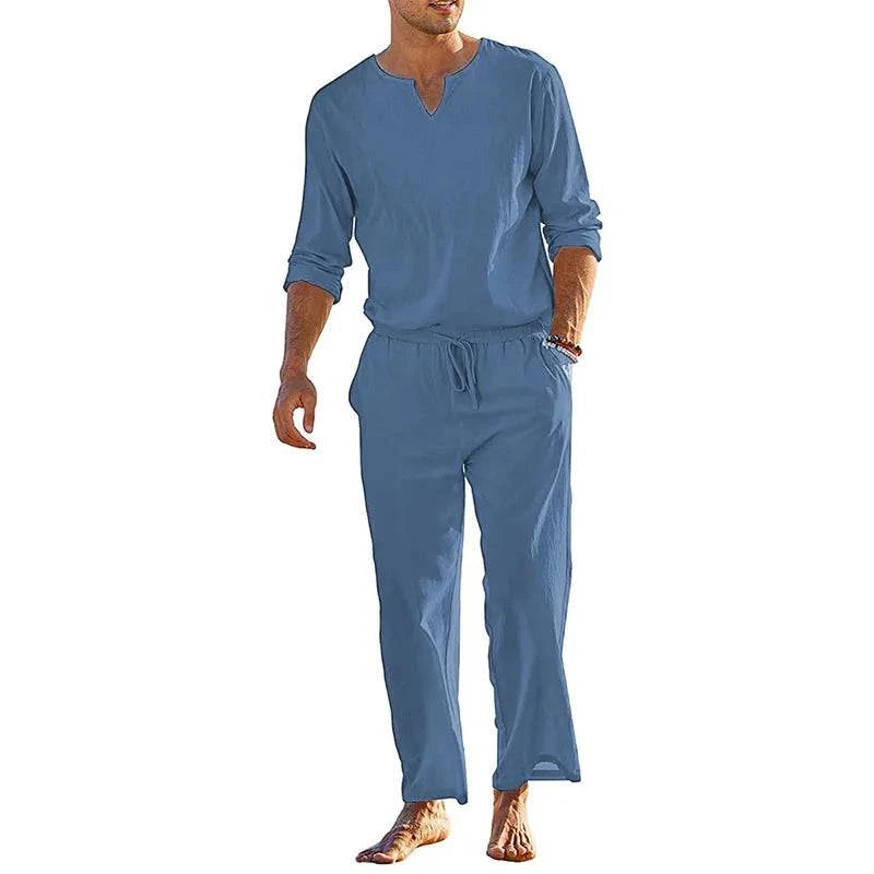 Men's Spring Summer Clothes Solid Color Long Sleeve Henley Shirt Elastic Waist Drawstring Pants 2 Pieces Loungewear Set Blue