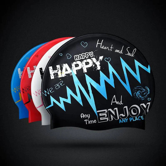 1Pcs New fashionable adult unisex silicone swim cap in one size fits all soft and comfortable ear protection with graffiti print - Clothing Personality