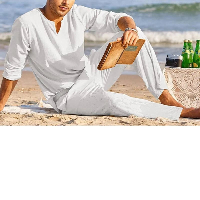 Men's Spring Summer Clothes Solid Color Long Sleeve Henley Shirt Elastic Waist Drawstring Pants 2 Pieces Loungewear Set Lifestyle