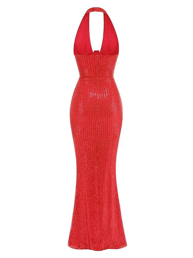 Sexy Halter Deep V Neck Sequins Maxi Dress Women Green Sleeveless Backless Sequined Slim Long Dresses Celebrity Party Gowns - Clothing Personality