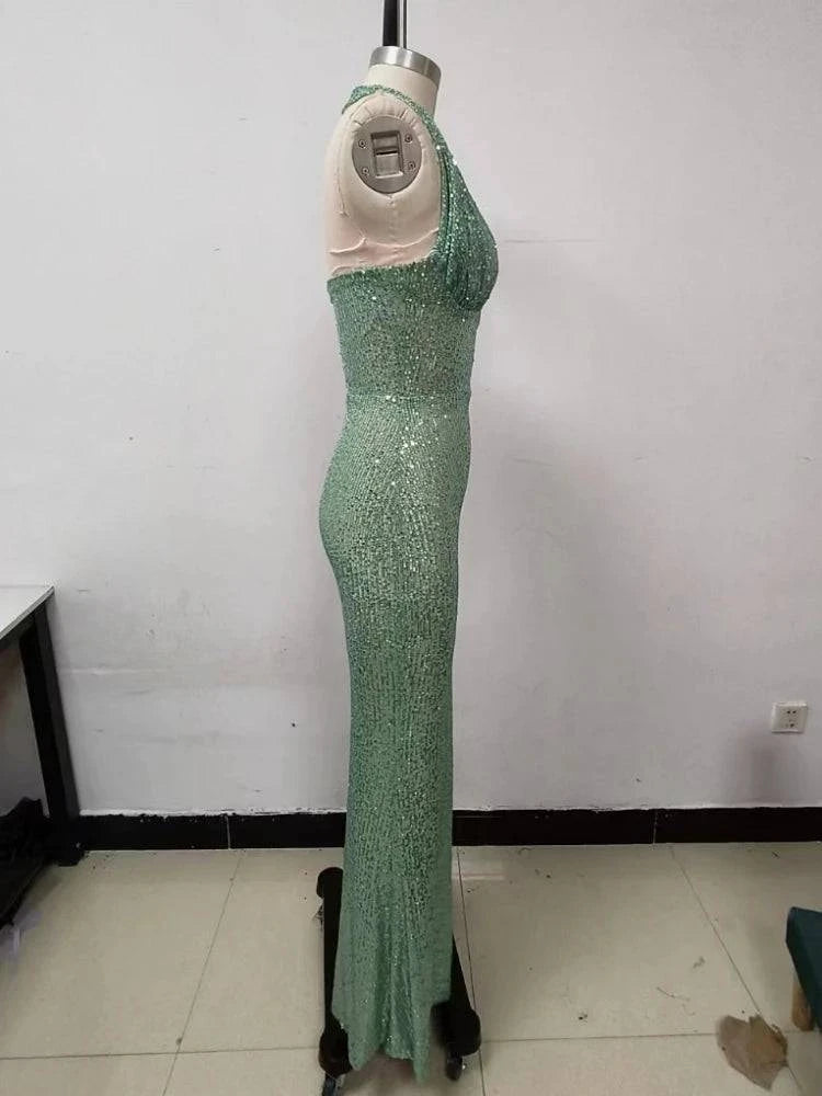 Sexy Halter Deep V Neck Sequins Maxi Dress Women Green Sleeveless Backless Sequined Slim Long Dresses Celebrity Party Gowns - Clothing Personality