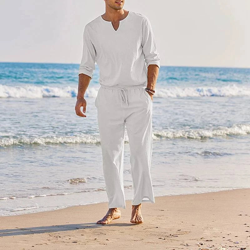 Men's Spring Summer Clothes Solid Color Long Sleeve Henley Shirt Elastic Waist Drawstring Pants 2 Pieces Loungewear Set Lifestyle
