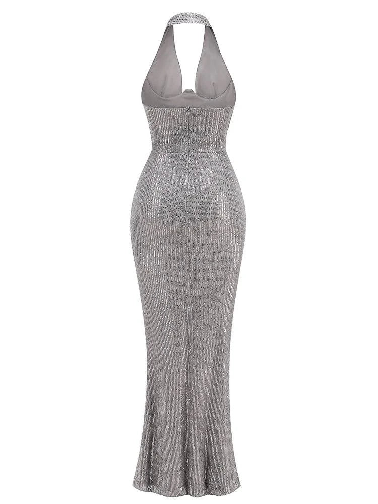 Sexy Halter Deep V Neck Sequins Maxi Dress Women Green Sleeveless Backless Sequined Slim Long Dresses Celebrity Party Gowns - Clothing Personality