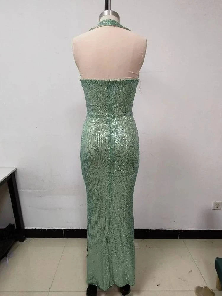 Sexy Halter Deep V Neck Sequins Maxi Dress Women Green Sleeveless Backless Sequined Slim Long Dresses Celebrity Party Gowns - Clothing Personality