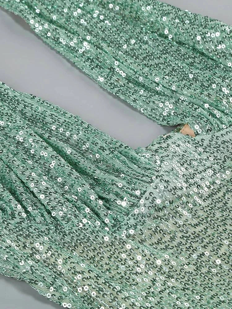 Sexy Halter Deep V Neck Sequins Maxi Dress Women Green Sleeveless Backless Sequined Slim Long Dresses Celebrity Party Gowns - Clothing Personality
