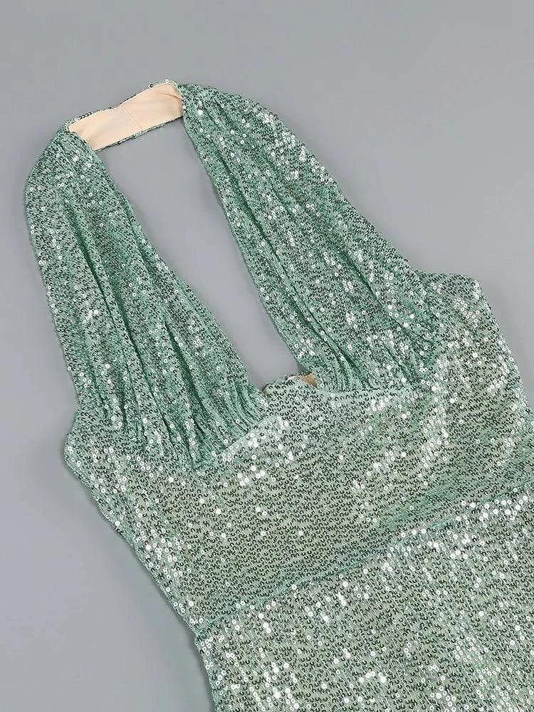 Sexy Halter Deep V Neck Sequins Maxi Dress Women Green Sleeveless Backless Sequined Slim Long Dresses Celebrity Party Gowns - Clothing Personality