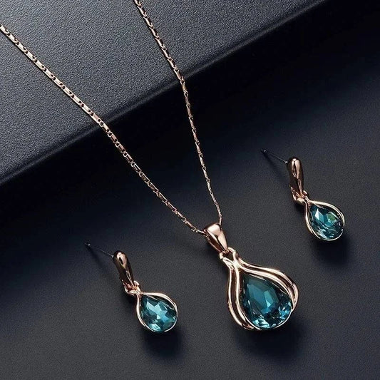 Delysia King 3pcs/set fashion women's blue and green drop necklace earrings set - Clothing Personality