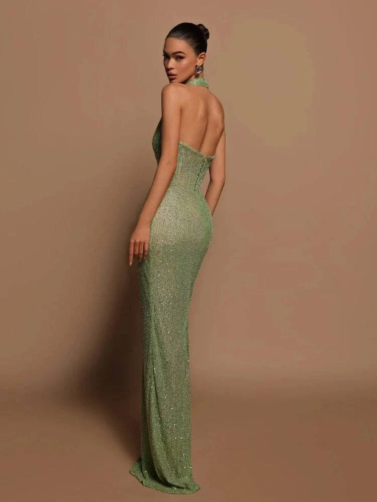 Sexy Halter Deep V Neck Sequins Maxi Dress Women Green Sleeveless Backless Sequined Slim Long Dresses Celebrity Party Gowns - Clothing Personality