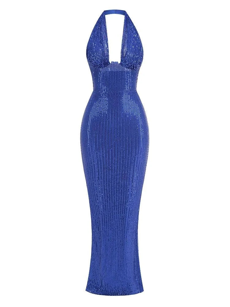 Sexy Halter Deep V Neck Sequins Maxi Dress Women Green Sleeveless Backless Sequined Slim Long Dresses Celebrity Party Gowns - Clothing Personality