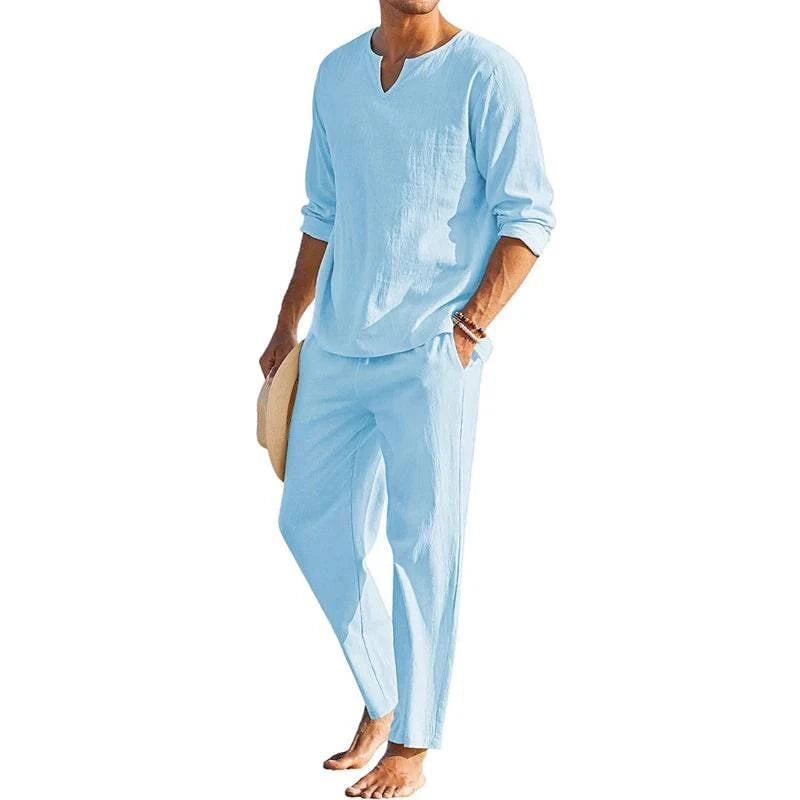 Men's Spring Summer Clothes Solid Color Long Sleeve Henley Shirt Elastic Waist Drawstring Pants 2 Pieces Loungewear Set Light Blue Pastel