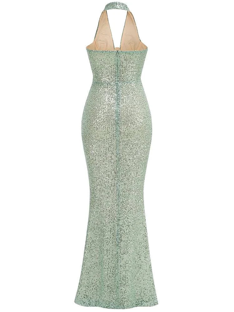 Sexy Halter Deep V Neck Sequins Maxi Dress Women Green Sleeveless Backless Sequined Slim Long Dresses Celebrity Party Gowns - Clothing Personality