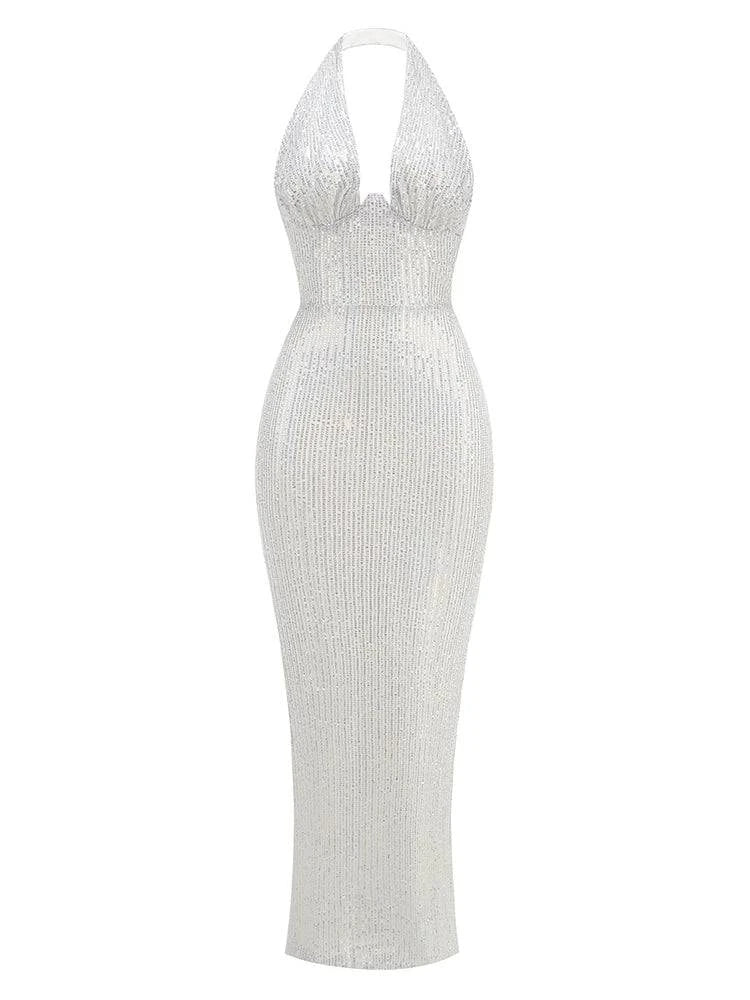 Sexy Halter Deep V Neck Sequins Maxi Dress Women Green Sleeveless Backless Sequined Slim Long Dresses Celebrity Party Gowns - Clothing Personality