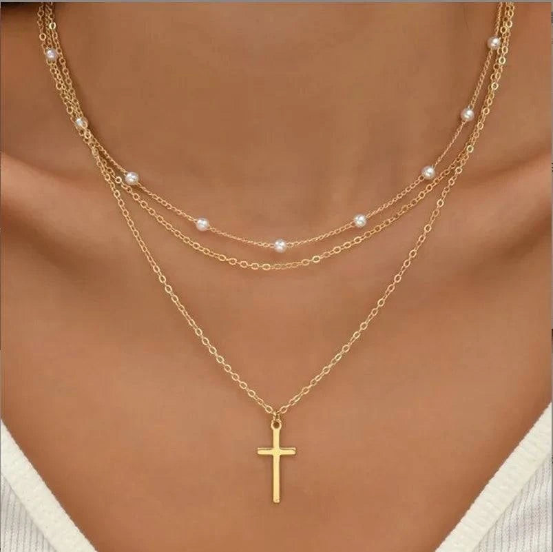 FTCY 3pcs Women's Pearl Necklace Set 14K Gold Fashion Love Heart Pendant Waterproof Hypoallergenic Collarbone Neck Chain Jewelry - Clothing Personality