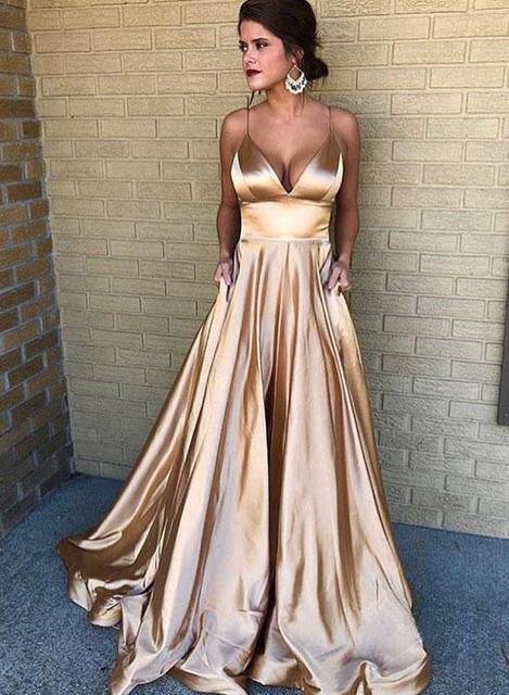 Women's Spaghetti Strap V-neck Ball Gown Gala Wedding Prom Evening Dress