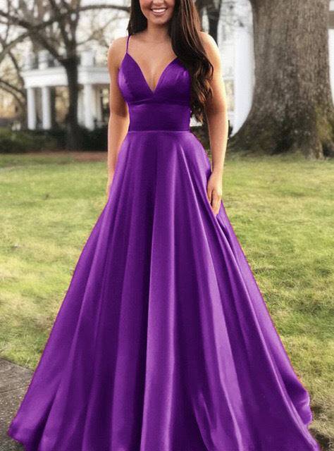 Women's Spaghetti Strap V-neck Ball Gown Gala Wedding Prom Evening Dress Purple