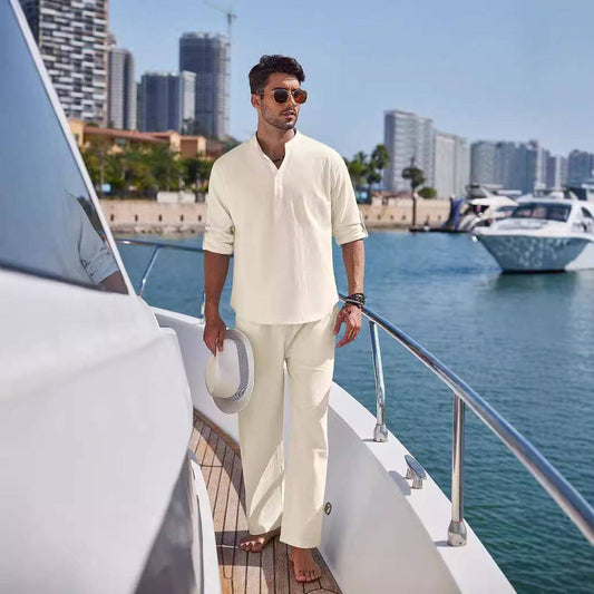 Men's Solid Color Casual Cotton Linen Pants Set Short Sleeve Trousers Suit Off White Clothing Personality