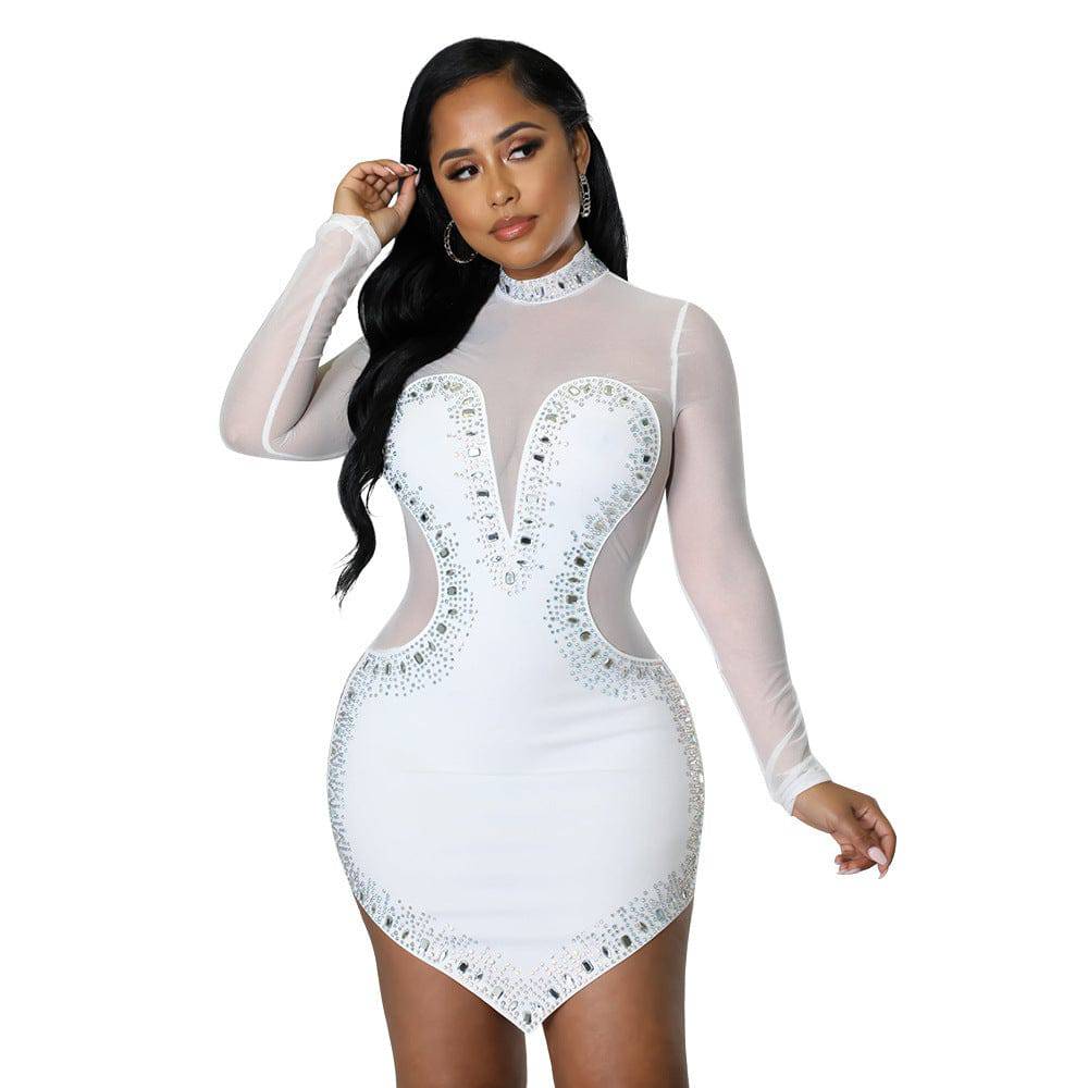Women's Sheer Sweetheat Neckline Fitted Bodycon Mini Long Sleeve Asymmetric Dress - Clothing Personality