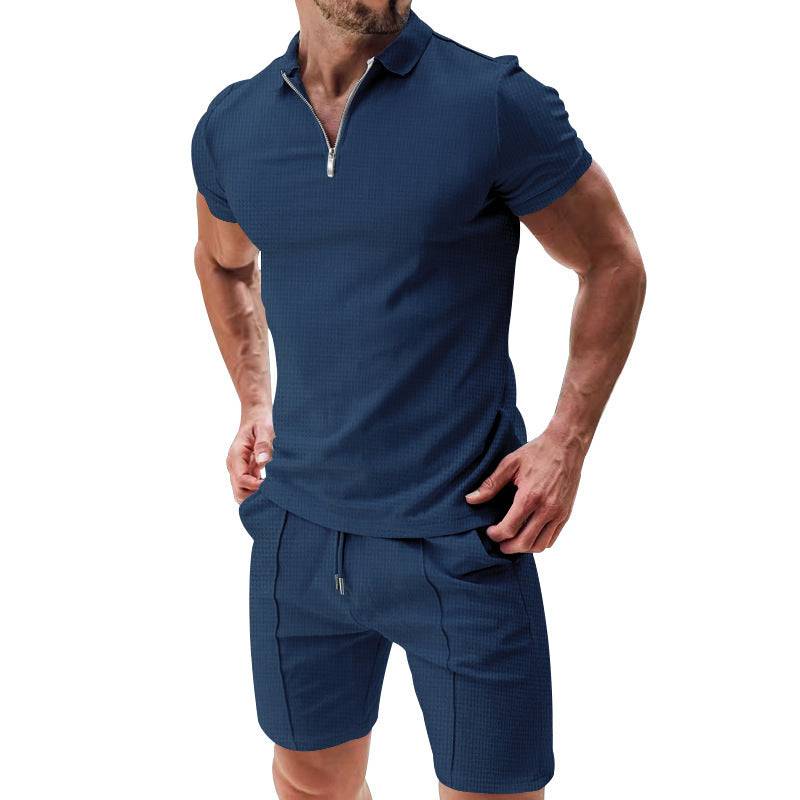 2Pcs Casual Waffle Suit Summer Zipper Lapel Short-sleeved Top And Drawstring Pockets Shorts Versatile Solid Color T-shirt Set For Mens Clothing Navy Blue