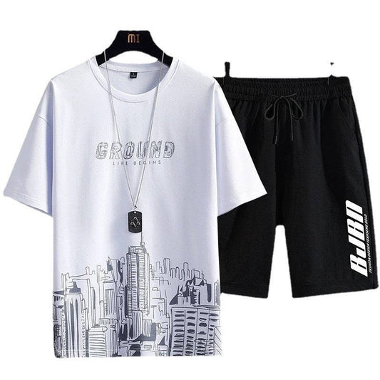 Men's Fashion Printed Short-sleeved T-shirt Shorts Sports Two-piece Set - Clothing Personality