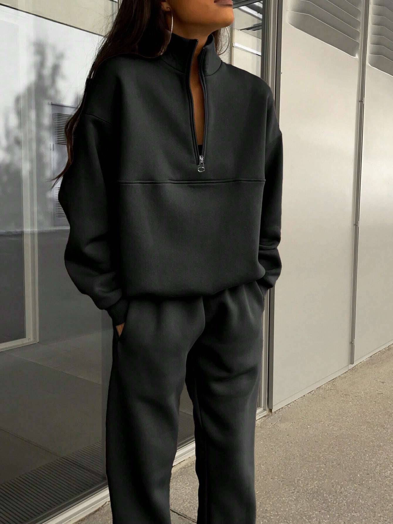 Zipper And Lapel Solid Color Casual Two-piece Suit - Clothing Personality