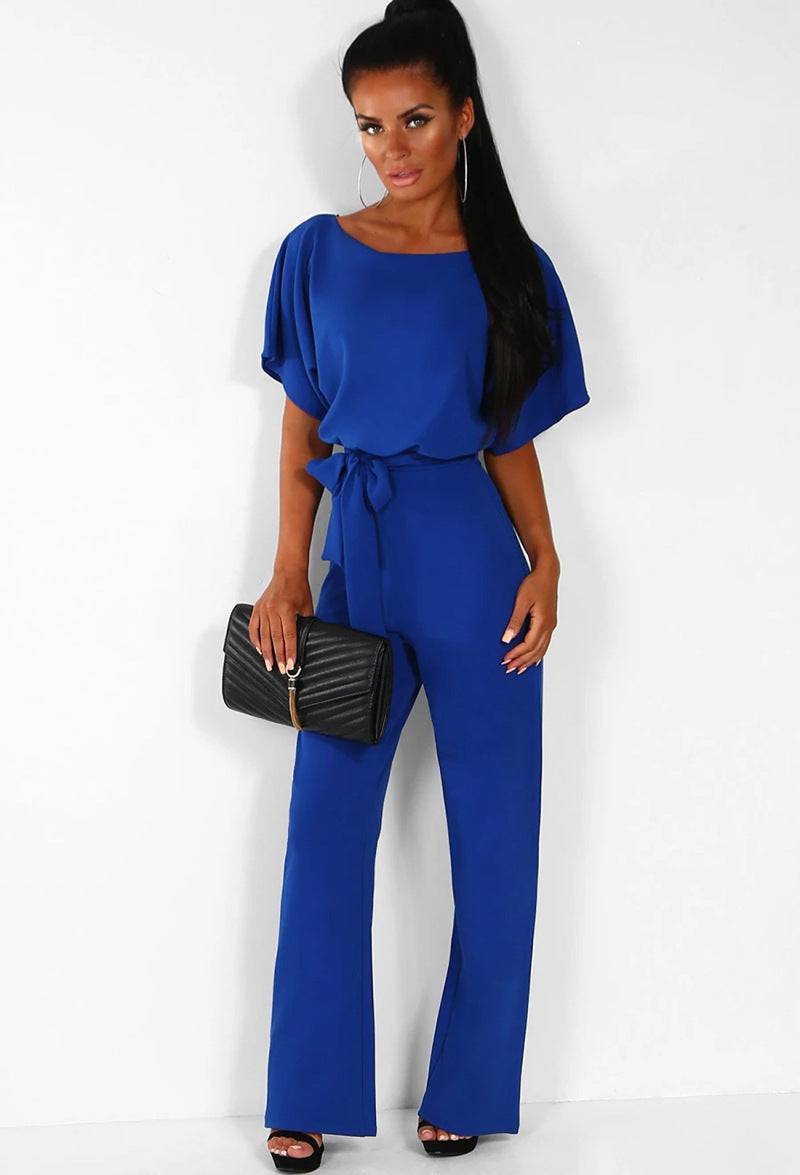 Women's Fashion Belted Short-Sleeved Loose Fit Women's Jumpsuit - Clothing Personality