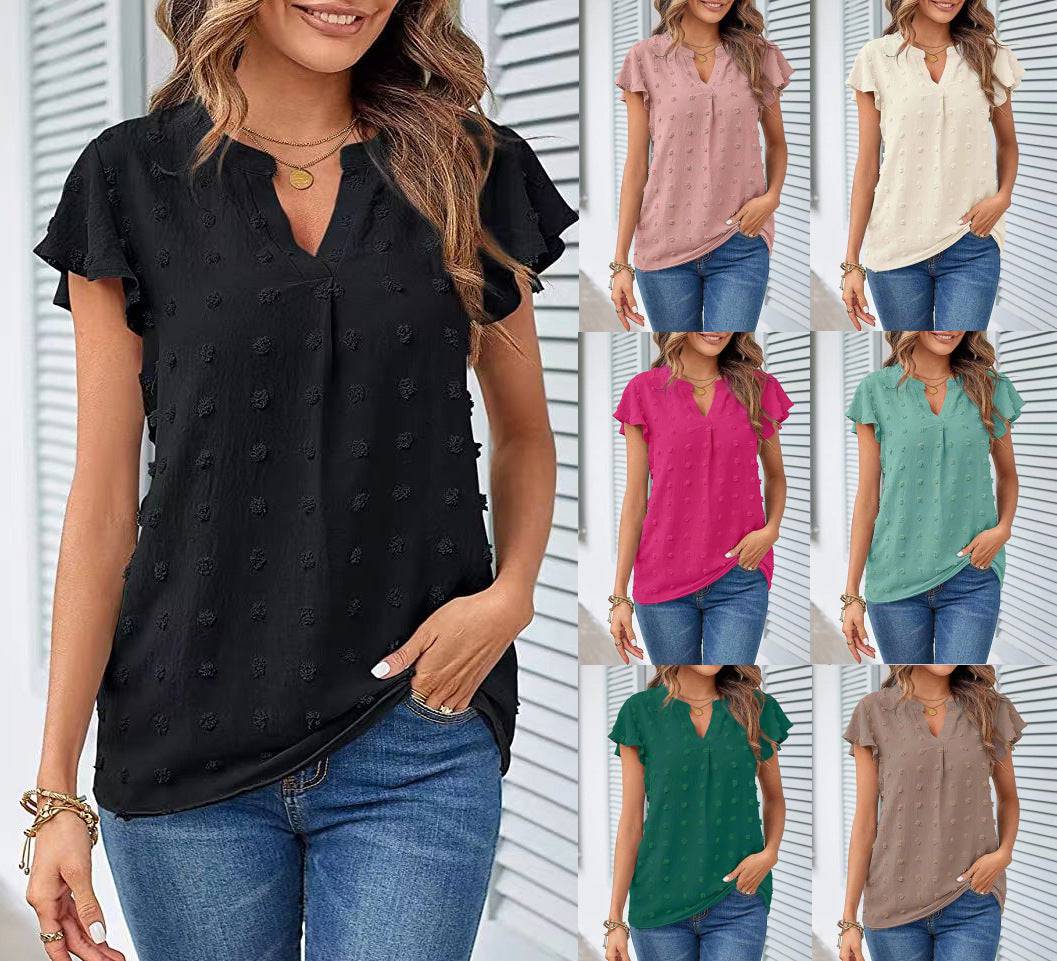 Women's Spring Summer V-Neck Ruffle Short Sleeve Blouse Dot Flowy Shirt Top - Clothing Personality