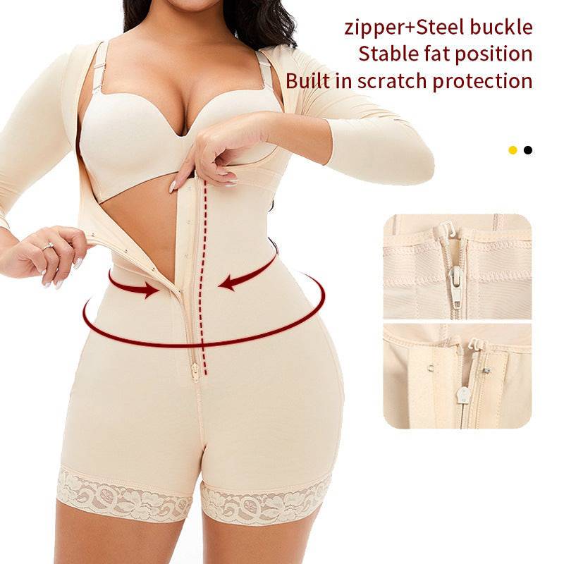 Plus-size Breasted Shapebody Onesie High Waist Long Sleeve Shorts - Clothing Personality