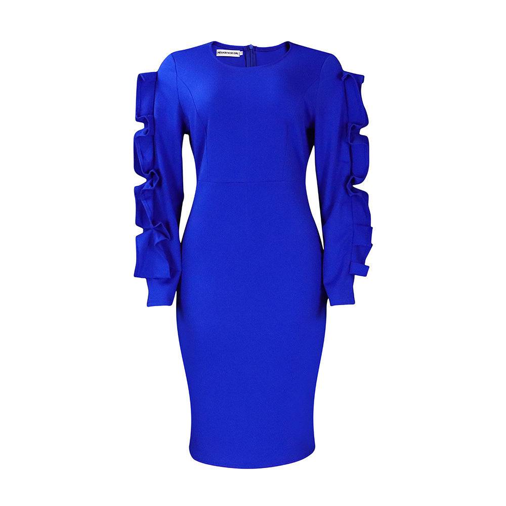 Women's Cut Out Hollow Sleeve Ol Elegant Dress Plus Size Long Sleeve Dress - Clothing Personality