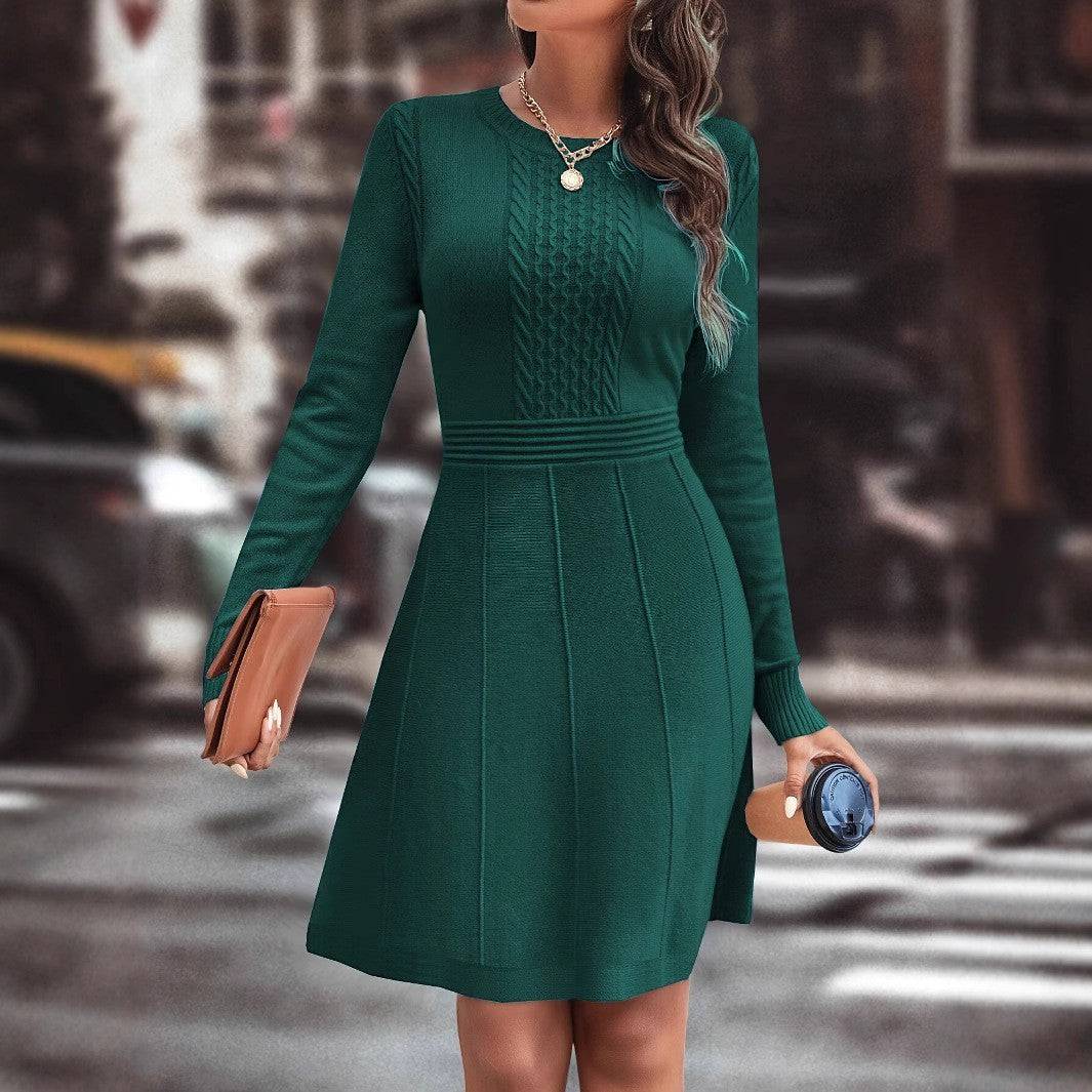 Women's Knitted Long Sleeve Knee Length Dress Fashion Slim Fit Sweater Dress - Clothing Personality